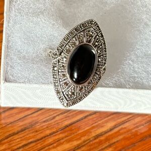 Sterling Silver Black Onyx Marcasite Ring, size 7